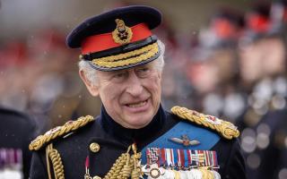King Charles III inspects Officer Cadets on parade during the 200th Sovereign's Parade at the Royal Military Academy Sandhurst (RMAS) in Camberley. Picture date: Friday April 14, 2023. PA Photo. See PA story ROYAL King. Photo credit should read: Dan