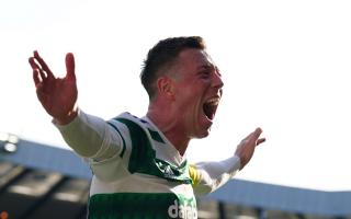 Celtic captain Callum McGregor celebrates his side's second goal in the Scottish Cup final at Hampden today