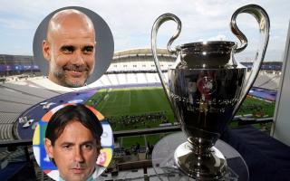 The Champions League trophy at the Ataturk Stadium in Istanbul, main picture, and Manchester City manager Pep Guardiola, inset top, and Inter Milan manager Simone Inzaghi, inset bottom