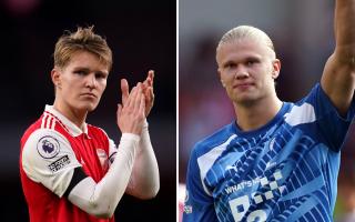 Arsenal midfielder Martin Odegaard, left, and Manchester City striker Erling Haaland will both play for Norway against Scotland tonight