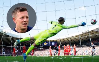 England goalkeeper Joe Hart fails to get a hand to a free kick by Scotland striker Leigh Griffiths at Hampden in 2017, meain picture, and Callum McGregor, inset