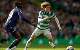 Kyogo Furuhashi, right, in action for Celtic at Parkhead on Saturday