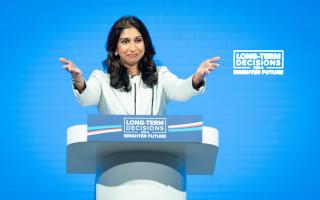 Home Secretary Suella Braverman delivers her keynote speech during the Conservative Party annual conference at the Manchester Central convention complex