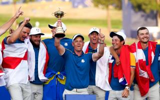 Luke Donald celebrates with his European Ryder Cup team