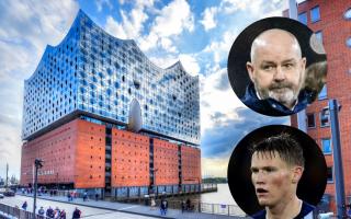 The Elbphilharmonie in Hamburg, Germany, where the Euro 2024 draw will take place tonight, main picture, Scotland manager Steve Clarke, inset top, and Scott McTominay, inset bottom