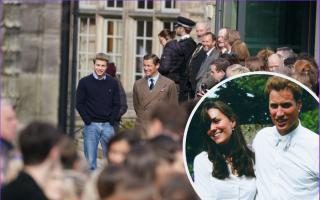 Filming on location in St Andrews for 'The Crown' depicting Prince William's arrival in the town in 2001 and (inset) Kate and William while at the university together
