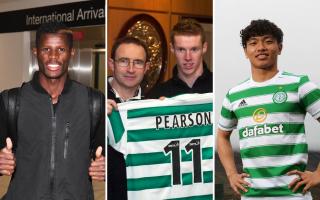 Vakoun Issouf Bayo arrives in Glasgow to sign for Celtic in 2018, left, Martin O'Neill parades Stephen Pearson at Parkhead in 2004, centre, and Reo Hatate dons the hoops at Lennoxtown in 2022, right