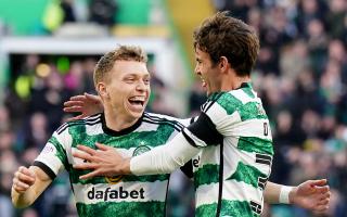Celtic right back Alistair Johnston, left, celebrates scoring his first goal at Parkhead with his team mate Matt O'Riley in the cinch Premiership game against Ross County this afternoon