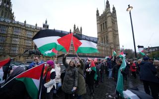 People take part in a Palestine Solidarity Campaign rally outside the Houses of Parliament, London