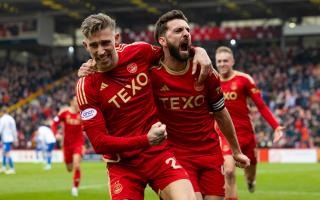Aberdeen captain Graeme Shinnie, right, celebrates his goal against Kilmarnock in the Scottish Gas Scottish Cup quarter-final at Pittodrie today