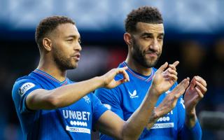 Rangers centre half Connor Goldson, right, with striker Cyriel Dessers at Ibrox