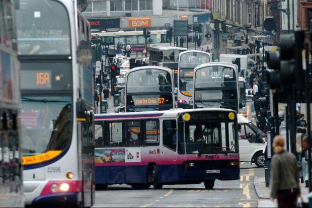 FUMING: Buses contribute to Hope Street, in Glasgow, achieving the distinction of being the most polluted place in Scotland. Picture: Nick Ponty