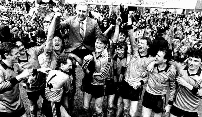 high and mighty: Jim McLean is hoisted by his champions, from left: Billy Kirkwood, John Holt, Hamish McAlpine, Paul Hegarty, Ralph Milne, John Reilly, Richard Gough, David Narey, Paul Sturrock, Davie Dodds, Eamonn Bannon and Maurice Malpas. Picture: Hera