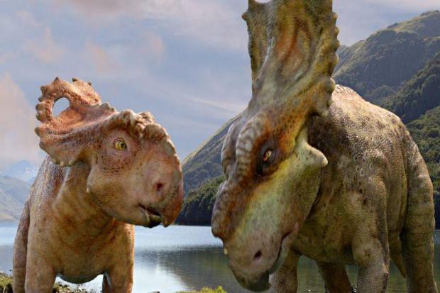 JOURNEY: Pachyrhinosaurus Patchi, left, has a lot of growing up to do in the 3D epic Walking with Dinosaurs, much of which was filmed in Alaska and New Zealand.