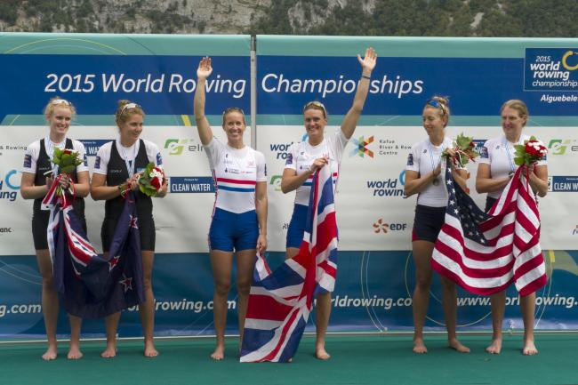 epa04914838 (from left) Silver medal winners New Zealand's Grace Prendergast and Kerri Gowler, gold medal winners Britain's  Helen Glover (L) and Heather Stanning and bronze medal winners Felice Mueller and Eleanor Logan of the USA during the medal ceremo