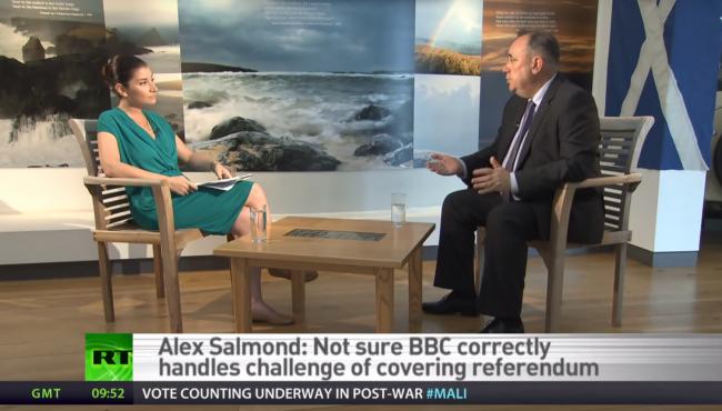 SCREEN GRAB.Alex Salmond being interviewed by Sophie Shevardnadze on Russia Today in 2013.