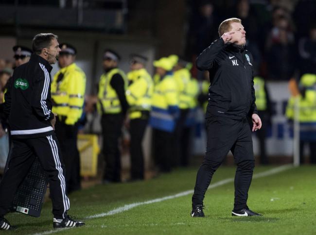 Hibernian manager Neil Lennon and Fourth official Crawford Allan (L). Picture: SNS