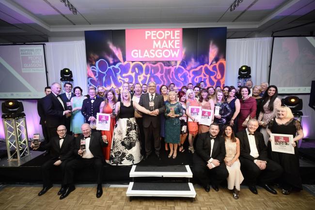 GLASGOW, SCOTLAND - SEPTEMBER 08: all of the category winners pose for a photograph on stage at the 2016 Inspiring City Awards at the Radisson Blu hotel on SEPTEMBER 08, 2016 in Glasgow, Scotland. (Photo by Jamie Simpson/Herald & Times) - JS