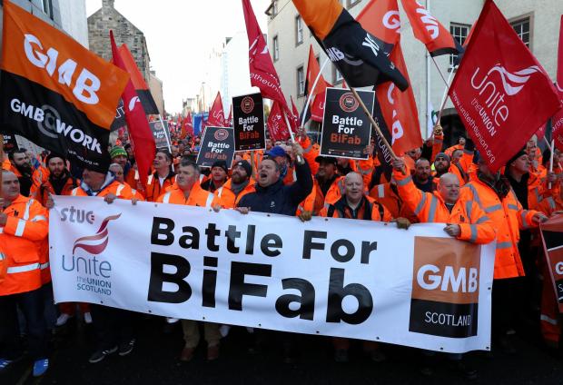 HeraldScotland: Workers from BiFab march through Edinburgh to the Scottish Parliament