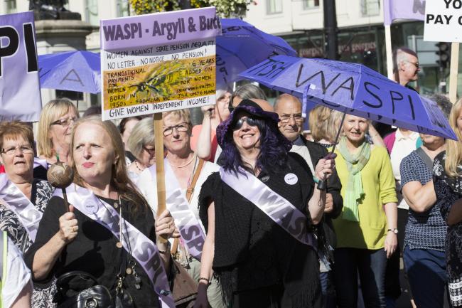 Waspi (Women Against State Pension Inequality) campaigners march through Glasgow to protest against the change in the pension age for women born in the 50s. Photograph: Mark Gibson