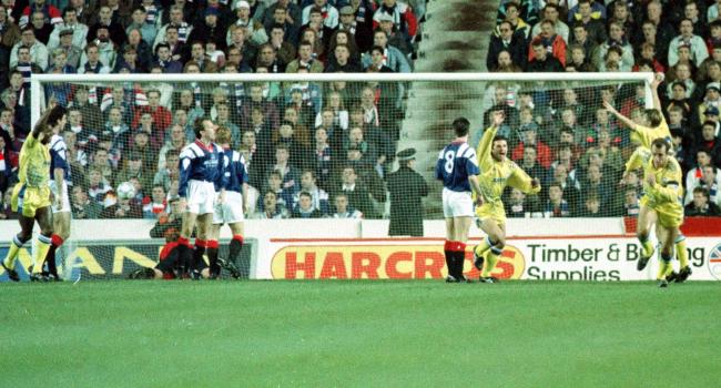 Gary McAllister wheels away after scoring for Leeds against Rangers at Ibrox in 1992, when no Leeds supporters were allowed in the stadium.