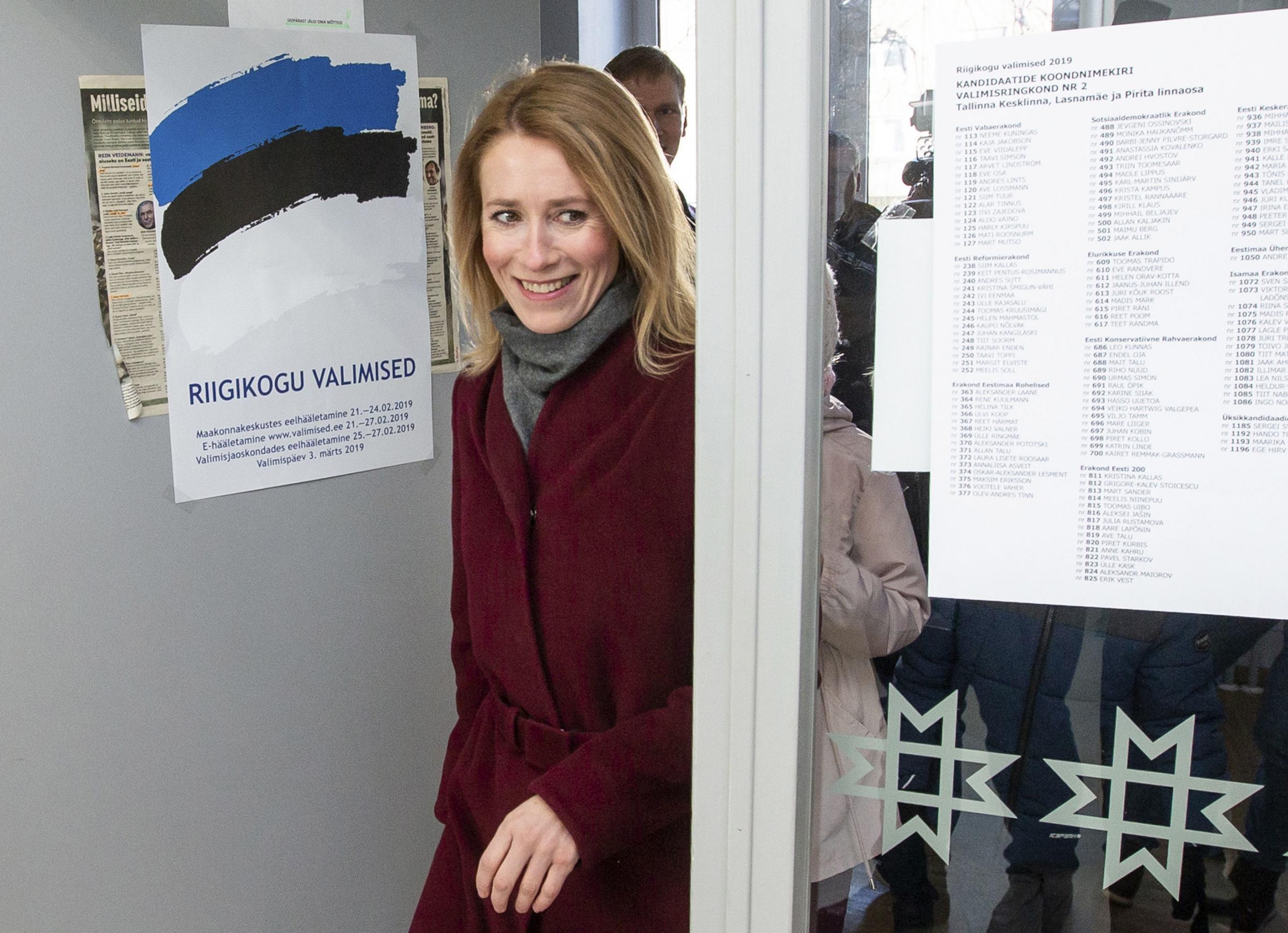 Chairwoman of the Reform Party Kaja Kallas arrives at a polling station during a parliamentary elections in Tallinn, Estonia, Sunday, March 3, 2019. Estonians are voting in a parliamentary election Sunday in the small Baltic nation in a ballot where