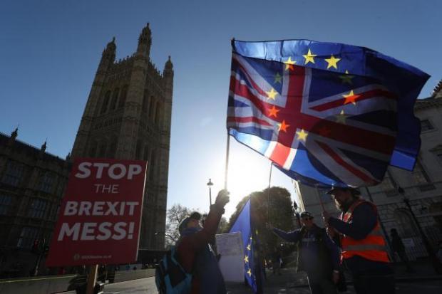 Anti-Brexit campaigners wave Union and EU flags outside the Houses of Parliament. Picture: PA