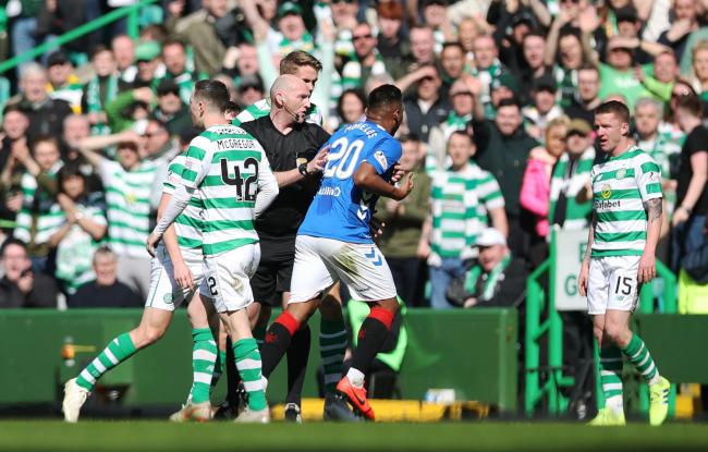 Alfredo Morelos of Rangers is red carded during the Ladbrokes Premier League match between Celtic and Rangers at Celtic Park
