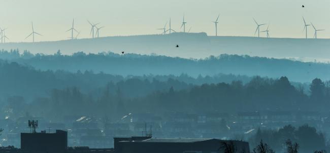 Weather standalone. A view of Whitelee windfarm taken from Queen's Park in the southside of Glasgow on a glorious sunny and windless day...   Photograph by Colin Mearns.26 January 2018..